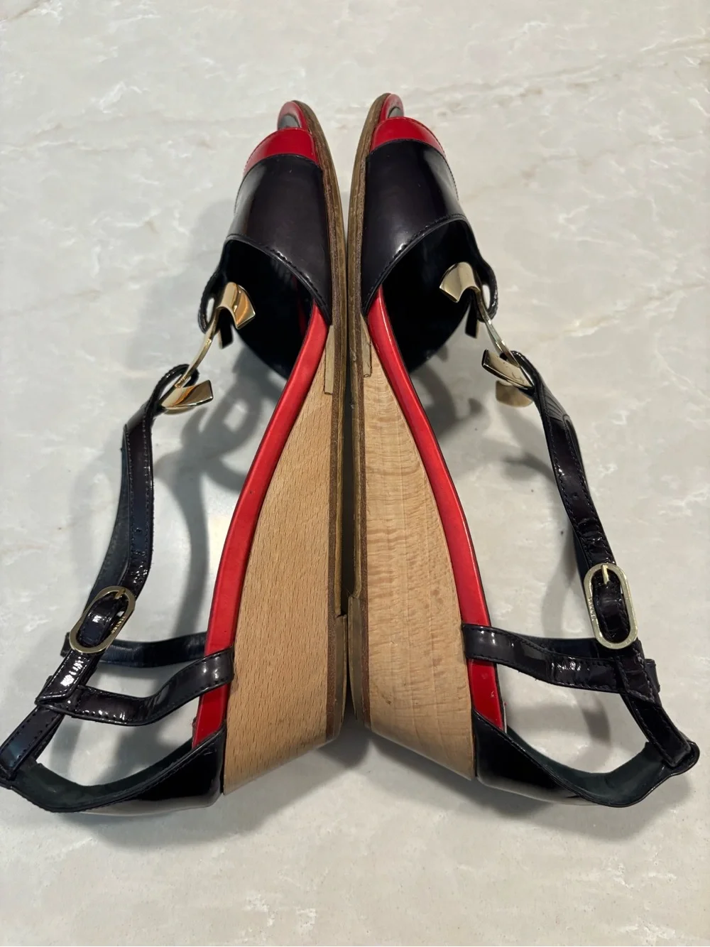 CHANEL Black and Red Patent Leather CC T-Strap Wedge